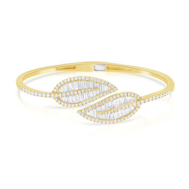 14k Gold Leaf Bangle Bracelet 2.08Ct Diamonds with 182 Diamonds, available in White, Rose and Yellow Gold
