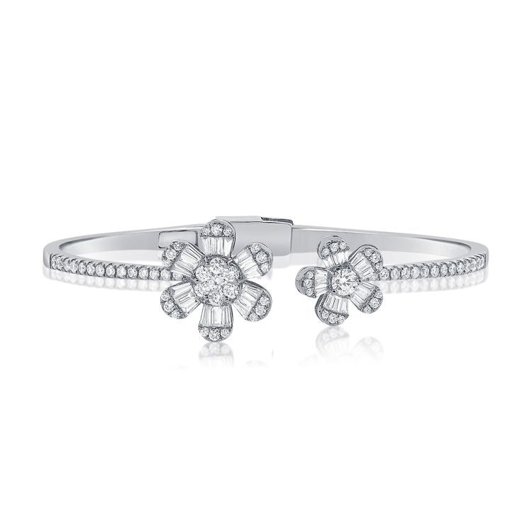 14k Gold 0.82Ct Baguette diamonds, 1.23Ct Round Diamonds 2 flower Bangle, available in White, Rose and Yellow Gold
