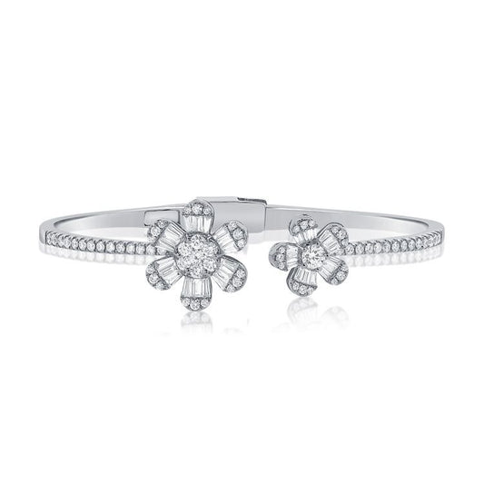 14k Gold 0.82Ct Baguette diamonds, 1.23Ct Round  Diamonds 2 flower Bangle, available in White, Rose and Yellow Gold