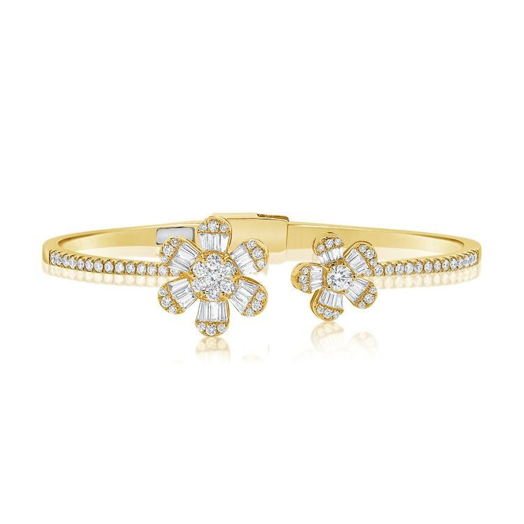 14k Gold 0.82Ct Baguette diamonds, 1.23Ct Round Diamonds 2 flower Bangle, available in White, Rose and Yellow Gold