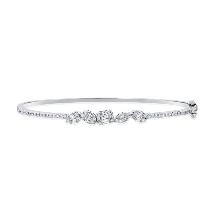 14k White Gold 0.38Ct (16) Baguette, 0.41Ct (53) Round Diamond Bangle Bracelet