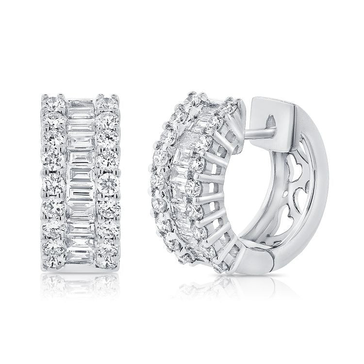 14k White Gold 0.68Ct Baguette, 0.89Ct Round Diamond Huggie Earring