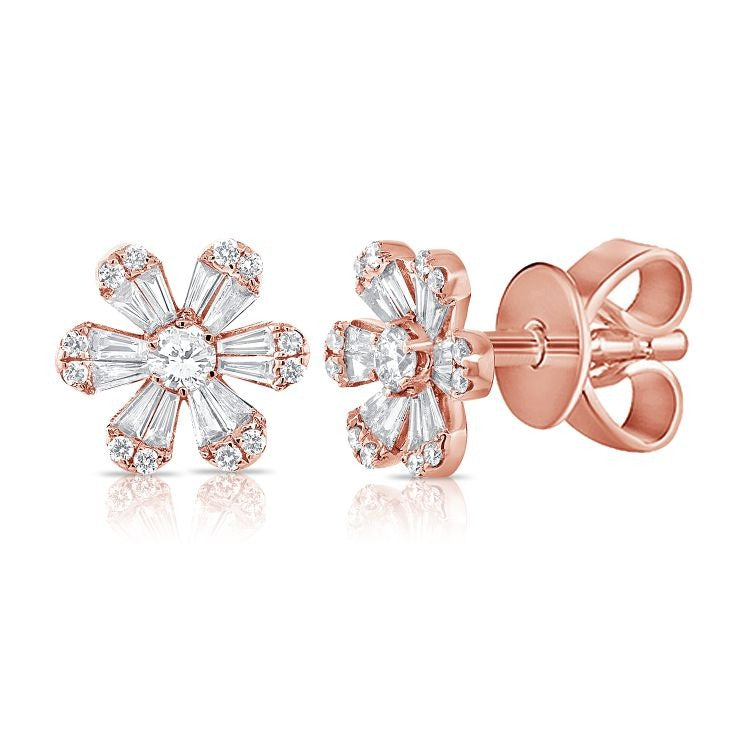 14k Gold 0.51Ct Baguette, 0.33Ct Round Diamond Flower Earring, available in White, Rose and Yellow Gold