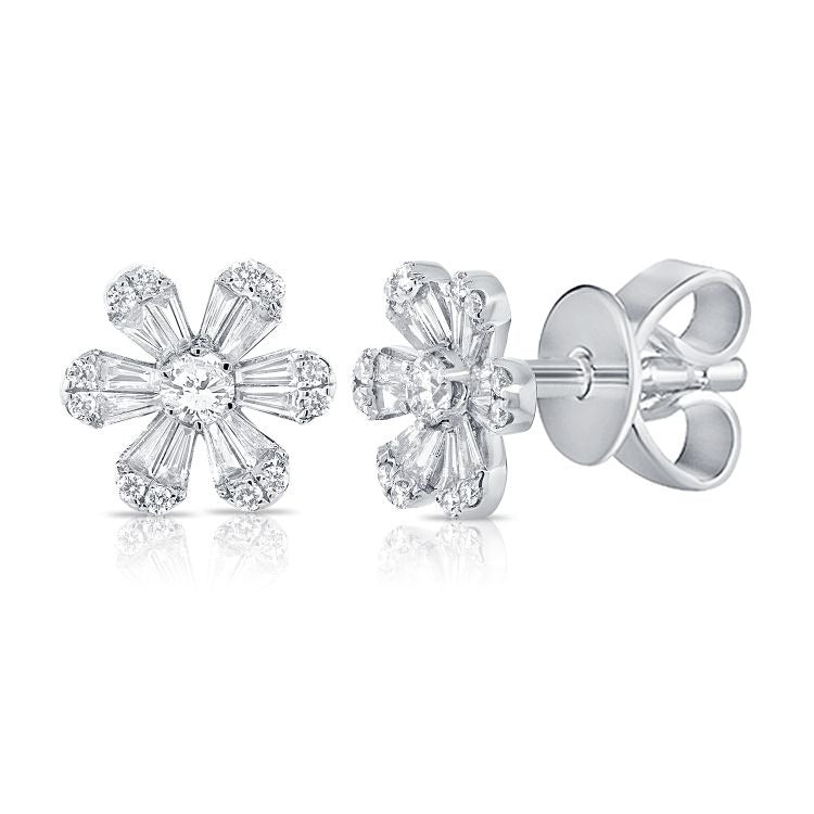 14k Gold 0.51Ct Baguette, 0.33Ct Round Diamond Flower Earring, available in White, Rose and Yellow Gold