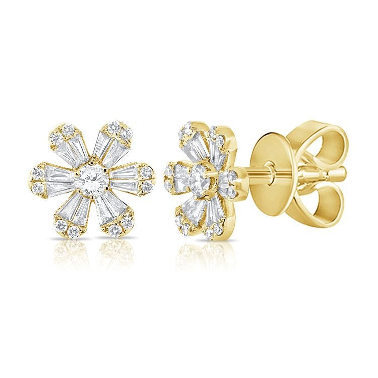 14k Gold 0.51Ct Baguette, 0.33Ct Round Diamond Flower Earring, available in White, Rose and Yellow Gold