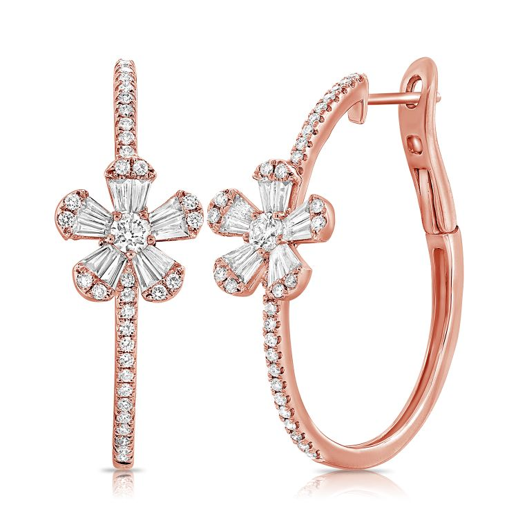 14k Gold 1.30Ct Baguette 20, and Round 70 Diamond Flower Hoop Earring, available in White, Rose and Yellow Gold