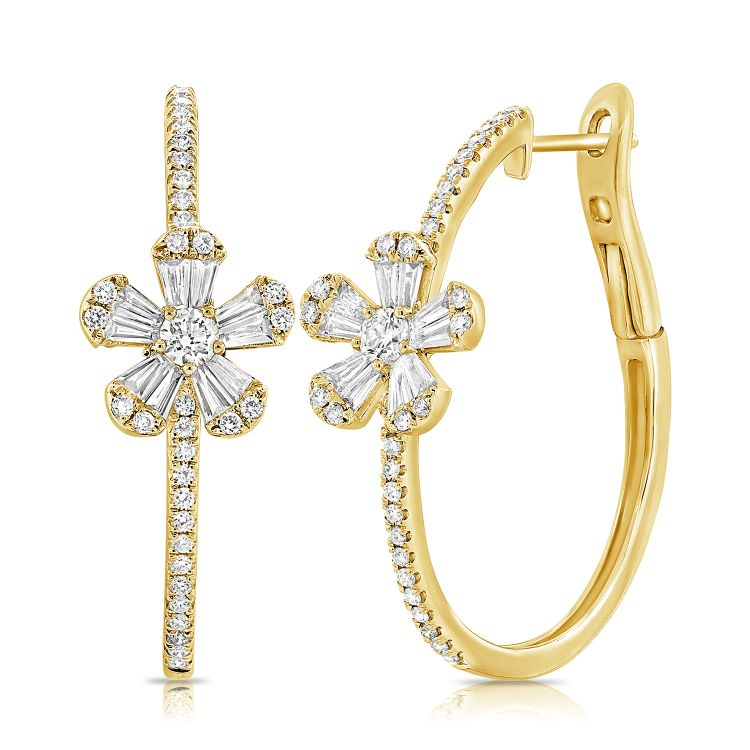 14k Gold 1.30Ct Baguette 20, and Round 70 Diamond Flower Hoop Earring, available in White, Rose and Yellow Gold