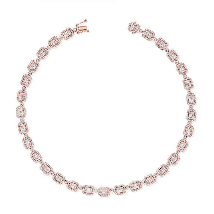14k Gold 5.26Ct (160) Baguette, 8.00Ct (739) Round Diamond Necklace, available in White, Rose and Yellow Gold
