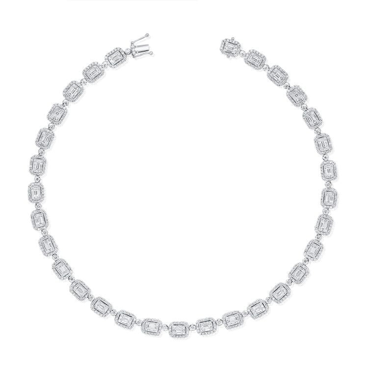 14k Gold 5.26Ct (160) Baguette, 8.00Ct (739) Round Diamond Necklace, available in White, Rose and Yellow Gold