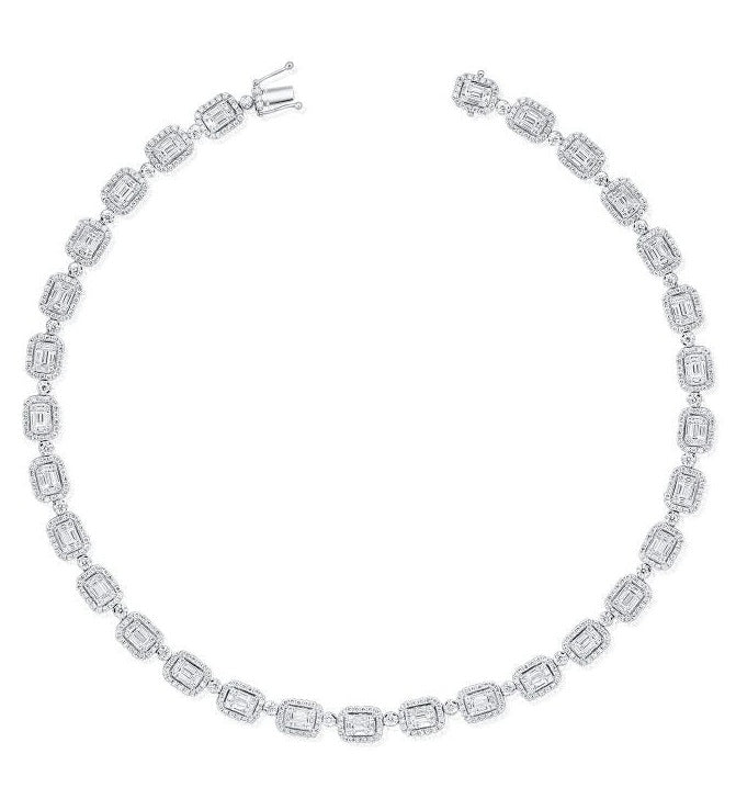 14k Gold 5.26Ct (160) Baguette, 8.00Ct (739) Round Diamond Necklace, available in White, Rose and Yellow Gold