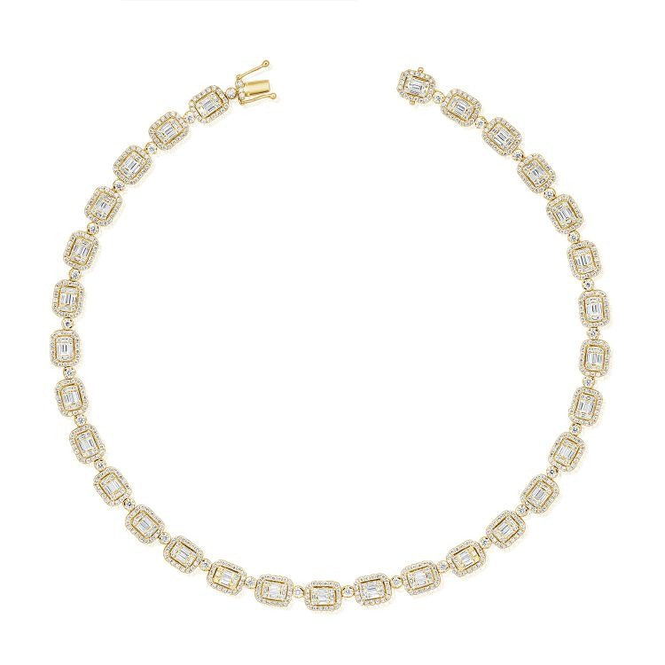 14k Gold 5.26Ct (160) Baguette, 8.00Ct (739) Round Diamond Necklace, available in White, Rose and Yellow Gold