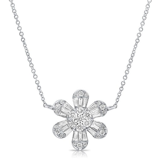 14K White Gold 0.92Ct Diamond Flower Necklace with 18 Baguette and 25 Round Diamonds