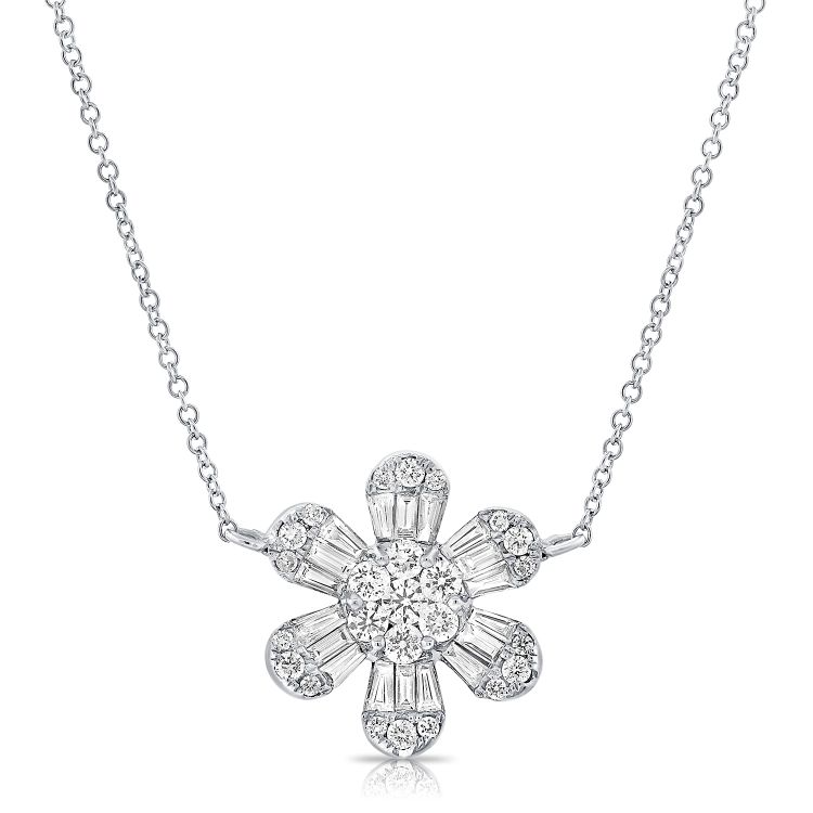 14k White Gold 0.91Ct Baguette and Round Diamond Flower Necklace