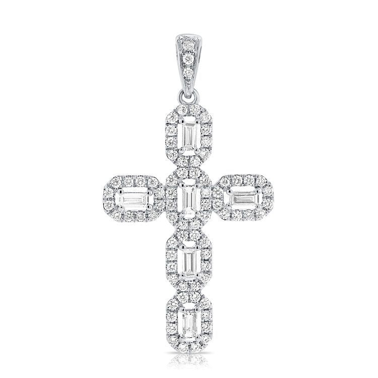 14K White Gold Cross Only, 6 Baguette 0.22Ct Diamond, 75 Round 0.34Ct Diamond