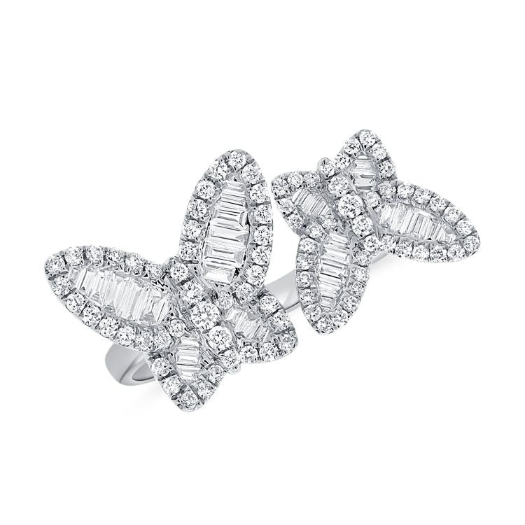 14k Gold 0.32Ct (32) Baguette, 0.43Ct (84) Round Diamond Butterfly Wrap Ring, available in White, Rose and Yellow Gold