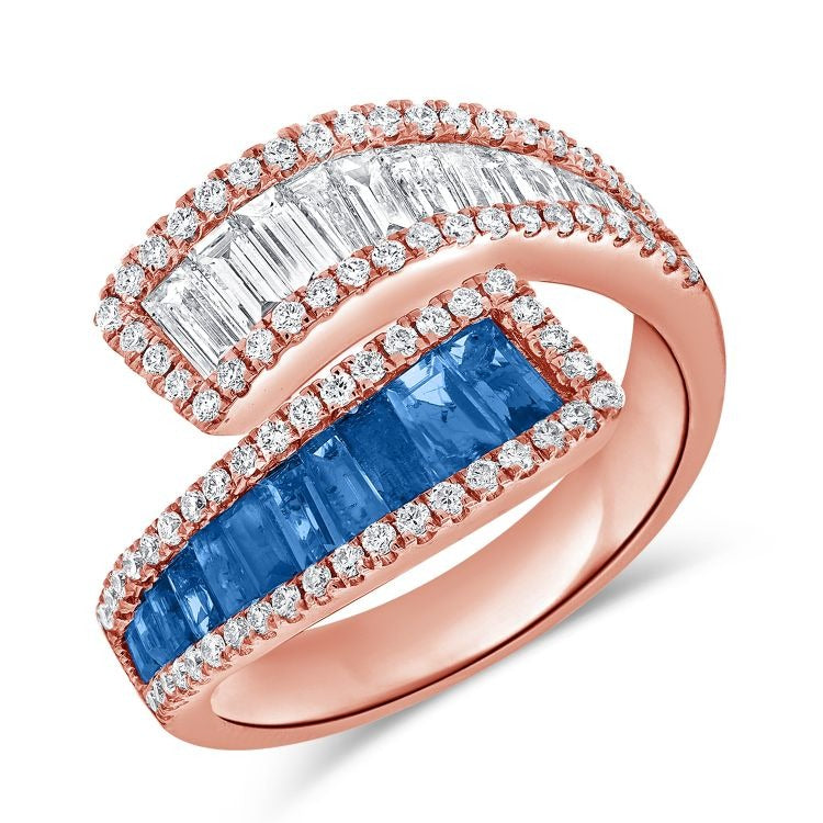 14k Gold 0.98Ct Sapphire, 0.54Ct Baguette Diamond, 0.37Ct Round Diamond Ring, available in White, Rose and Yellow Gold