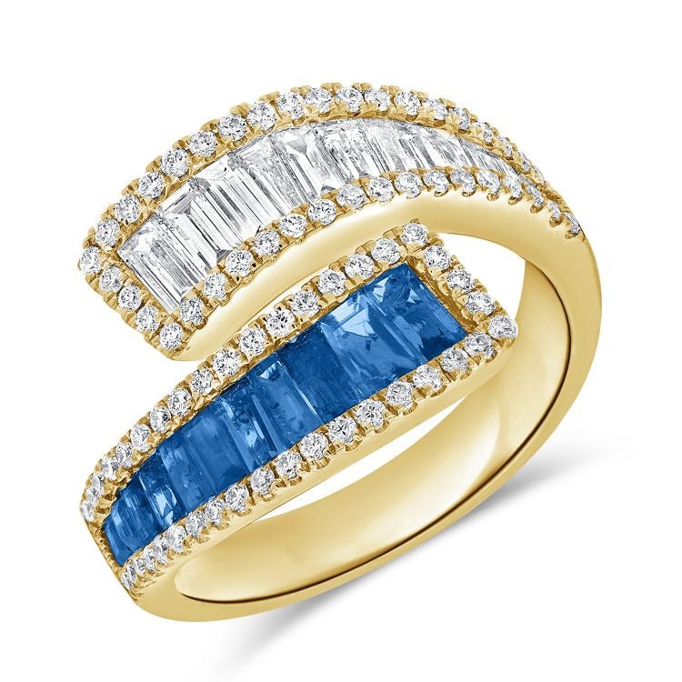14k Gold 0.98Ct Sapphire, 0.54Ct Baguette Diamond, 0.37Ct Round Diamond Ring, available in White, Rose and Yellow Gold