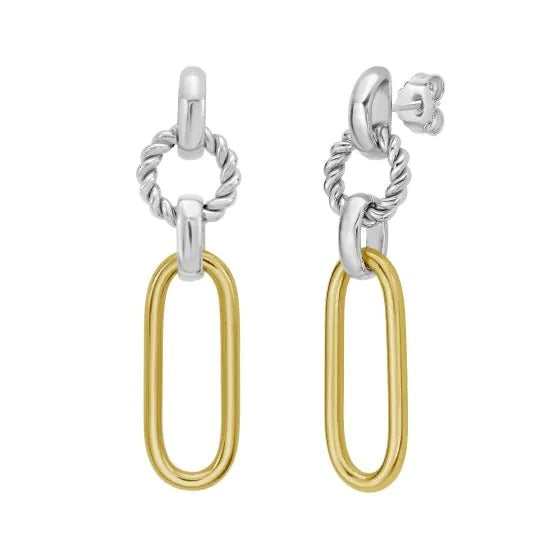 Sterling Silver & 18K Yellow Gold Italian Cable Gold Links Drop Earrings with Push Back Clasp