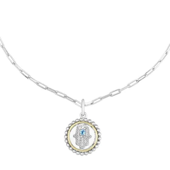 18K Gold & Silver Round Hamsa Pendant on Sterling Silver 20 Inch Paperclip Chain