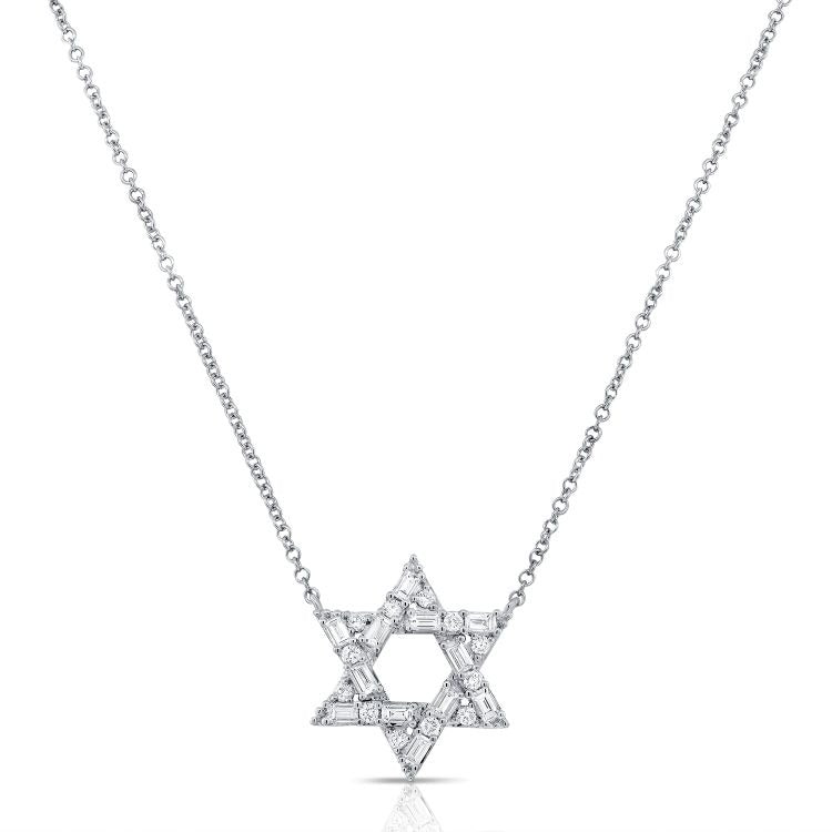 14k Gold Star of David with 12 Baguette 0.40Ct and12 Round Diamonds 0.15Ct