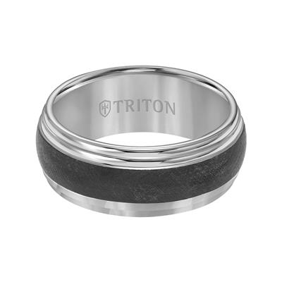 Tungsten Carbide 9mm Black and White Domed Double Step Edge Comfort Fit Band with Florentine Finish Center