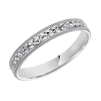 14k White Gold Carved Design Band with Milgrain Border