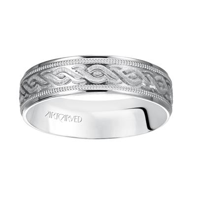 14k White Gold engraved wedding band with milgrain detail and flat edges, size 10