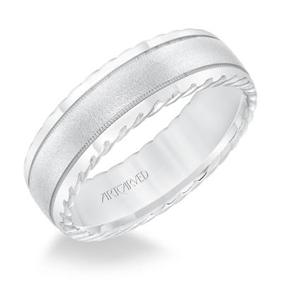 14k White Gold 7mm wide Rope Treatment edge Band, size 10