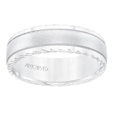 14k White Gold 7mm wide Rope Treatment edge Band, size 10