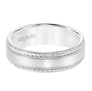 14K White Gold 6.5MM Satin Finish, Rope and Milgrain Accent, size 10.0
