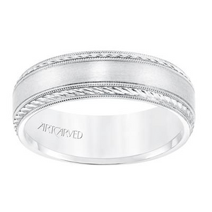 14K White Gold 6.5MM Satin Finish, Rope and Milgrain Accent, size 10.0