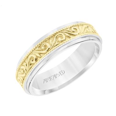 14k Two Tone 6.5mm wide Carved Band, size 10