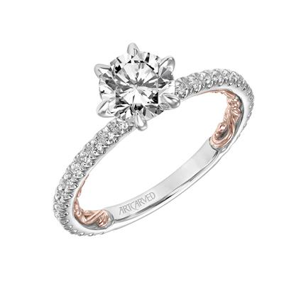 14k White and Yellow Gold Cubic Zirconia Center, 0.32Ct Diamond Semi Mount