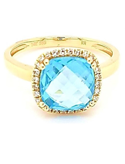 14k Yellow Gold Blue Topaz, 0.10 Ct Diamond Ring