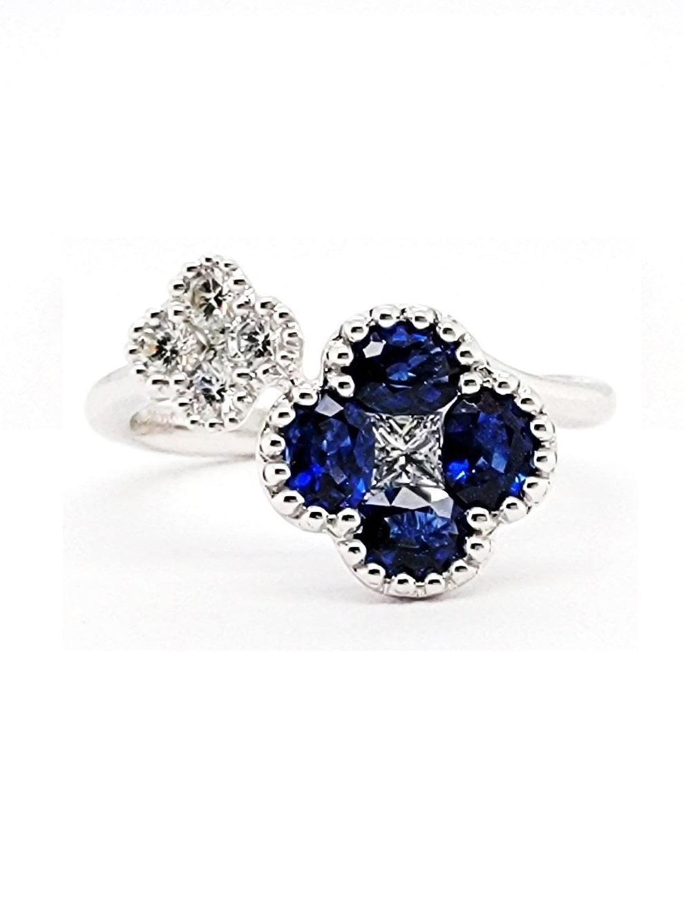 14K White Gold 0.80 Ct Sapphire, 0.28 Ct Diamond Clover Ring