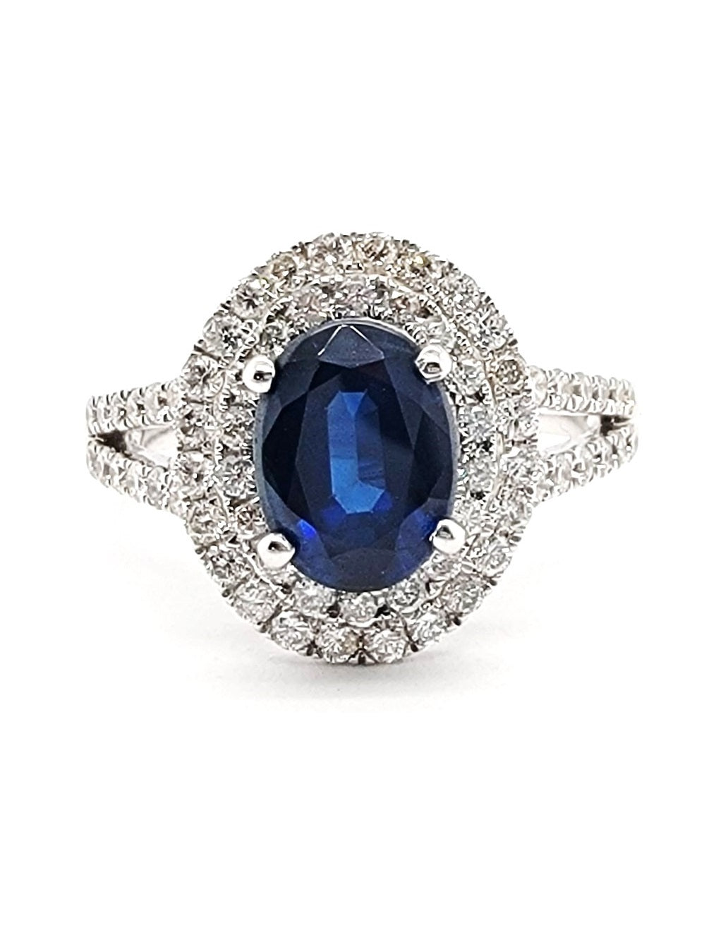 14k White Gold 1.63 Ct Sapphire, 0.68 Ct Diamond Double Halo Ring