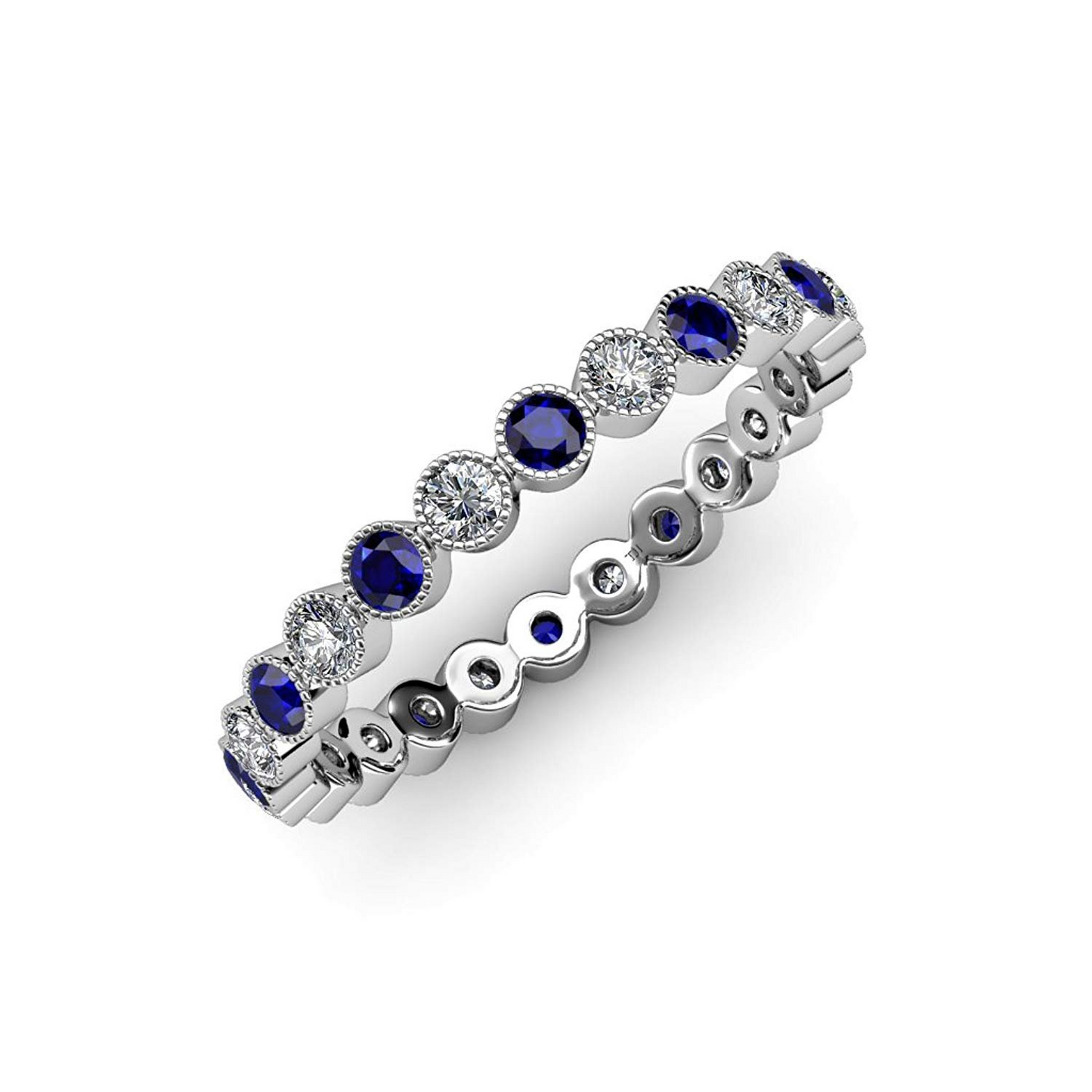 14k White Gold 0.19 Ct Sapphire, 0.15 Ct Diamond Eternity Band with Milgrain Border