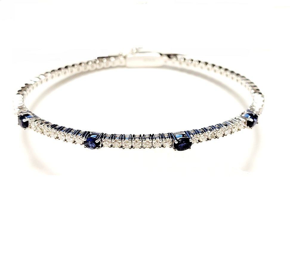 14k White Gold 0.87Ct Sapphire, 0.99Ct Diamond Flexible Bangle Bracelet