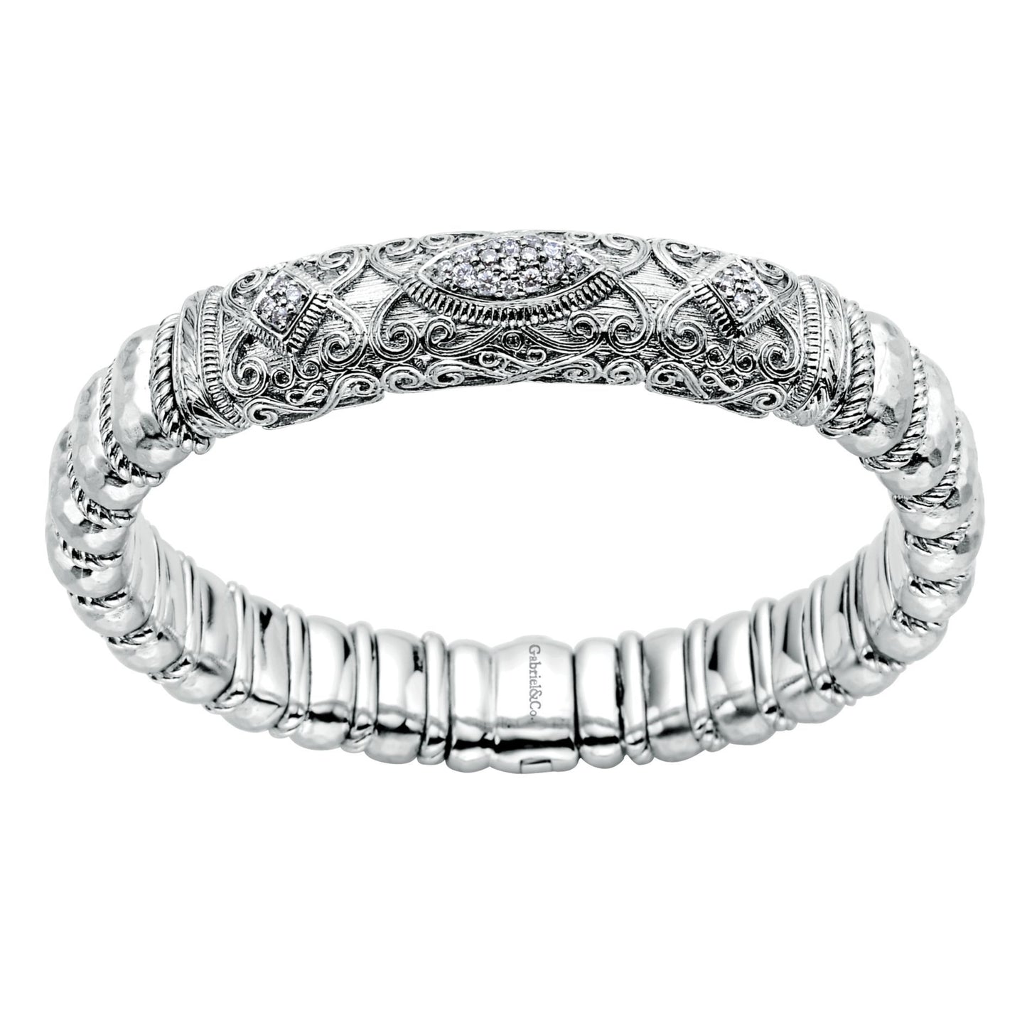 Gabriel Sterling Silver Rhodium & black rhodium plated flexible bangle with 0.38 Ct Diamond