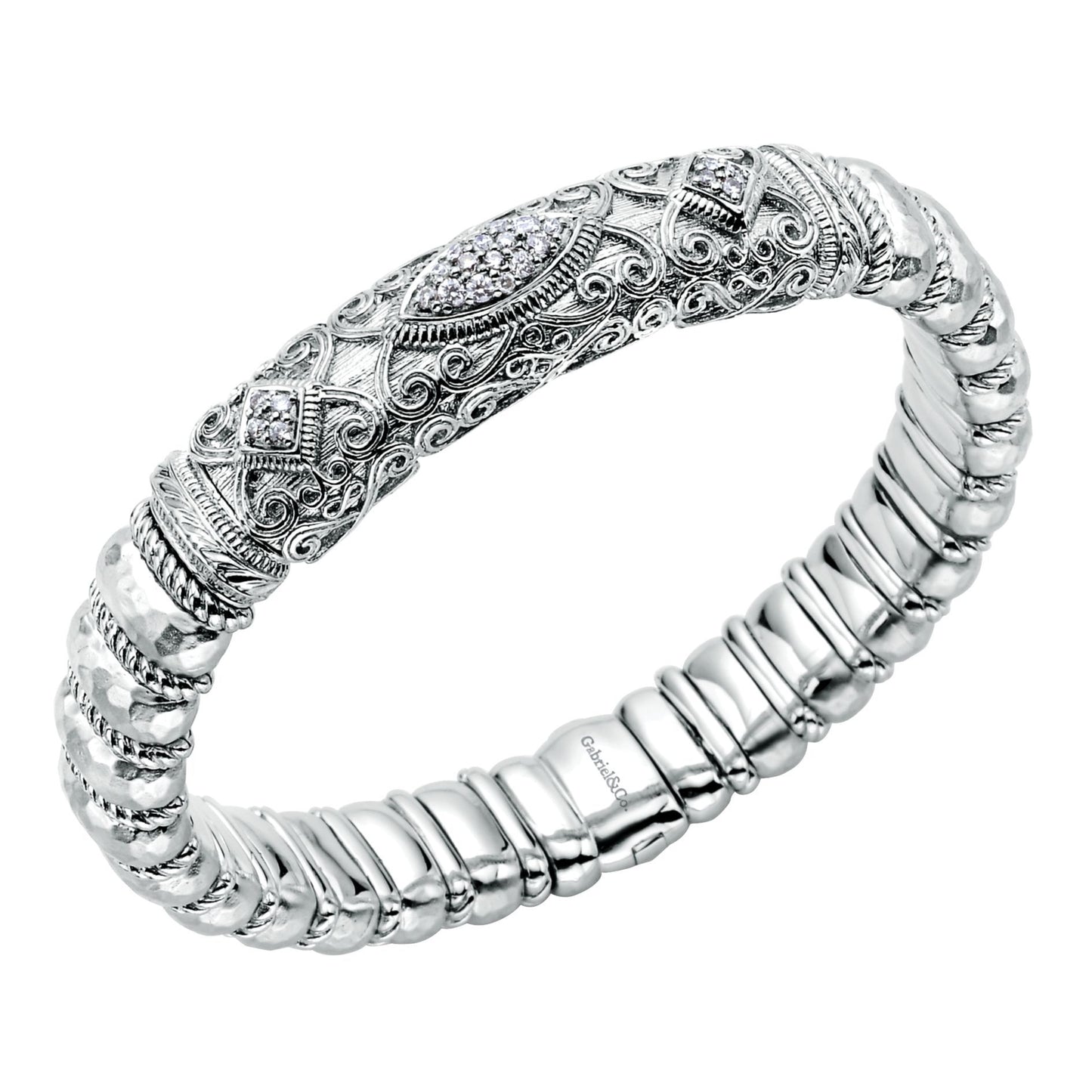 Gabriel Sterling Silver Rhodium & black rhodium plated flexible bangle with 0.38 Ct Diamond