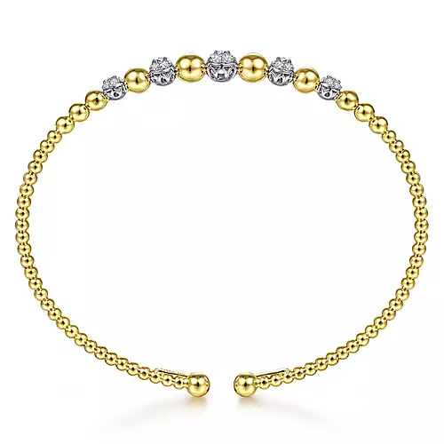 14K Gold Bujukan Bead Cuff Bracelet with 0.35 ct Pavé Diamond Stations, Available in White, Rose and Yellow Gold
