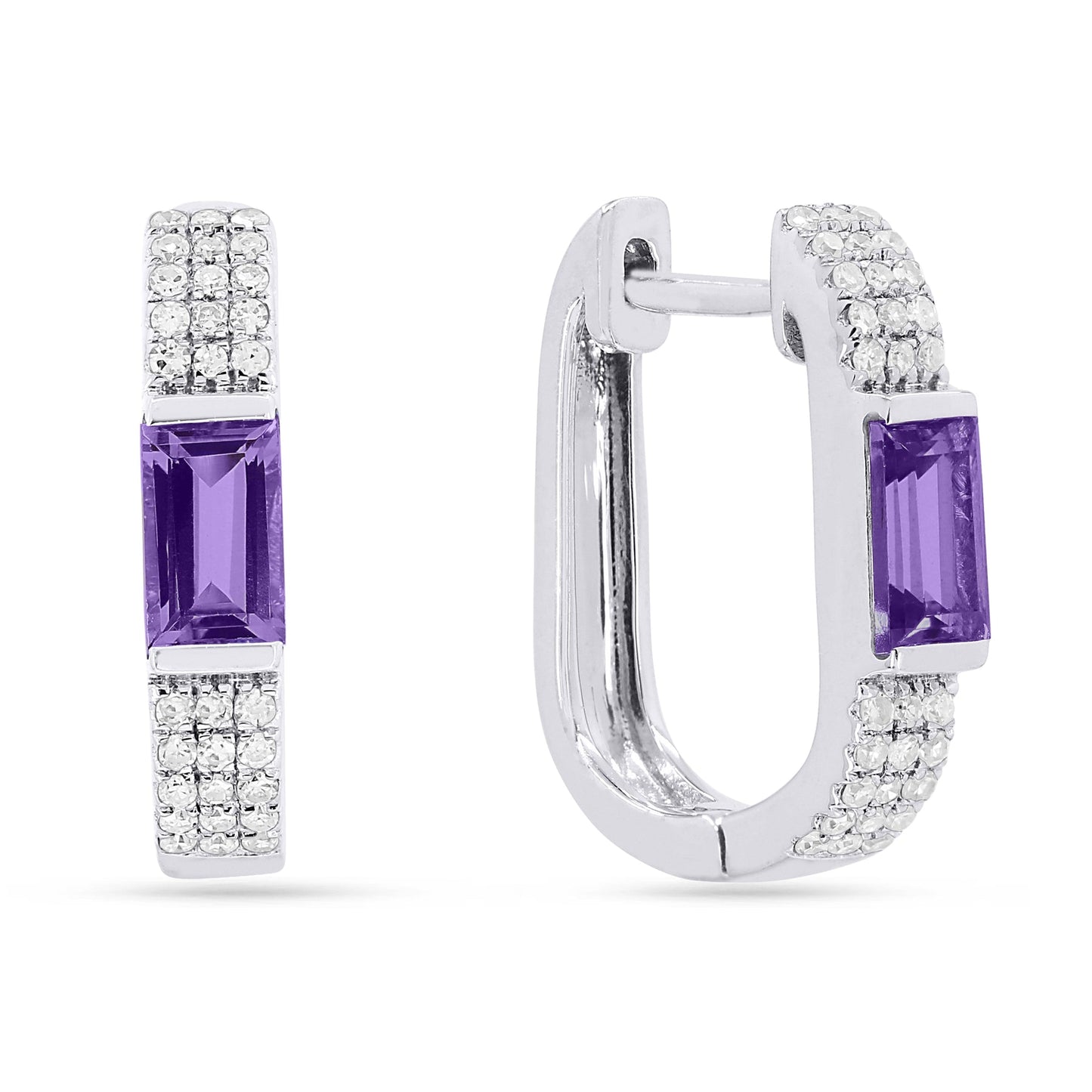14k White Gold 0.56 Ct Amethyst, 0.16 Ct Diamond Huggie Earring