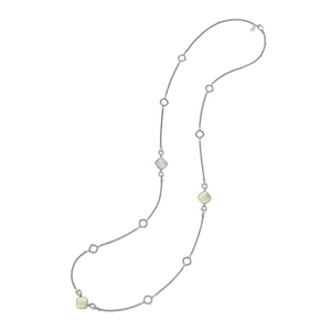 Judith Ripka Sterling and 18 karat Gold Eternity Long Station Necklace with Mother of Pearl