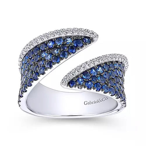 14k White Gold 1.34Ct Sapphire, 0.20Ct Diamond By Pass Ring