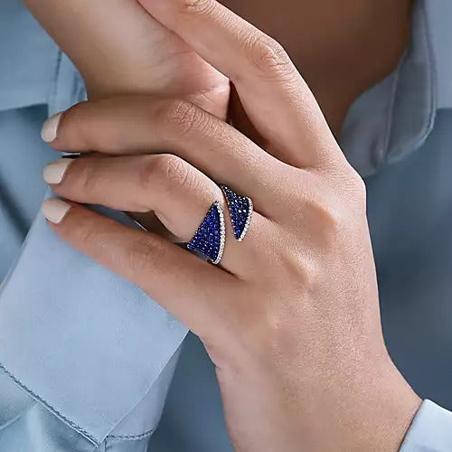 14k White Gold 1.34Ct Sapphire, 0.20Ct Diamond By Pass Ring