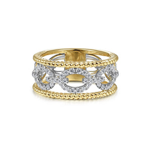 Gabriel 14K White-Yellow Gold 0.43 Ct Diamond Link and Twisted Rope Ring