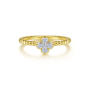 14k Gold 0.18Ct Diamond Clover Bujukan Bean Ring, Available in White and Yellow Gold