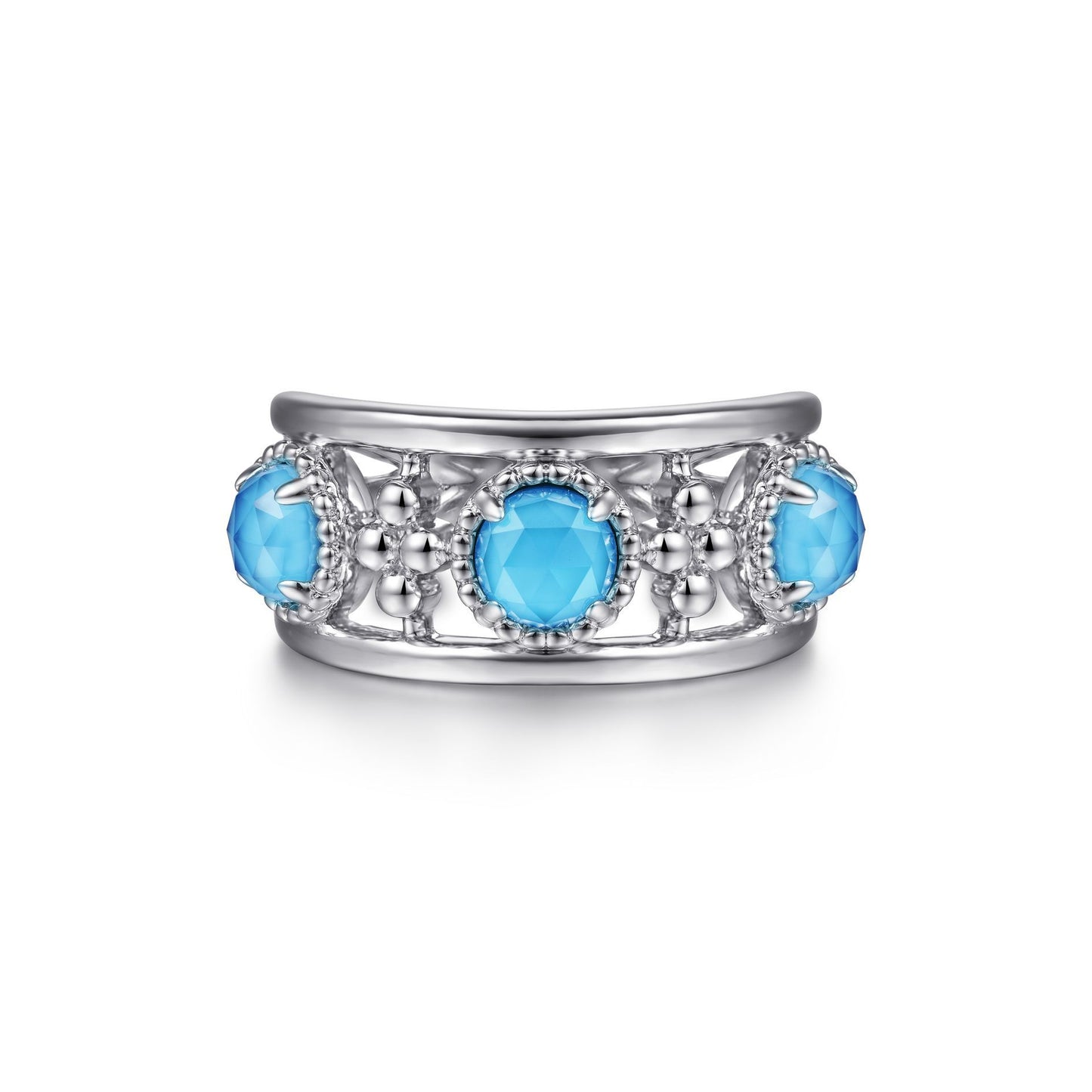 Gabriel Sterling Silver Rock Crystal and Turquoise Station Ring