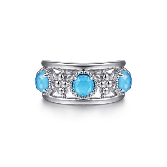 Gabriel Sterling Silver Rock Crystal and Turquoise Station Ring