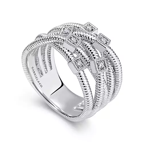 Gabriel Sterling Silver 0.07 Ct Diamond Criss Cross Ring, Available in Several Sizes